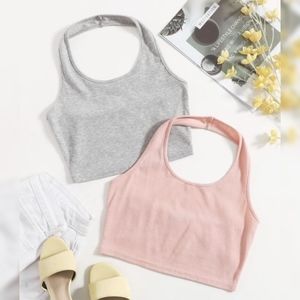 SHEIN 2 Pack Halter Rib Knit Crop Top // Size 12